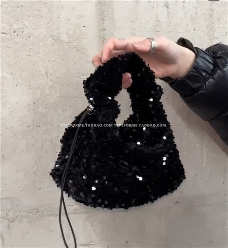 Classic Adjustable Drawstring Black Silver Sequin Triangle Handbag