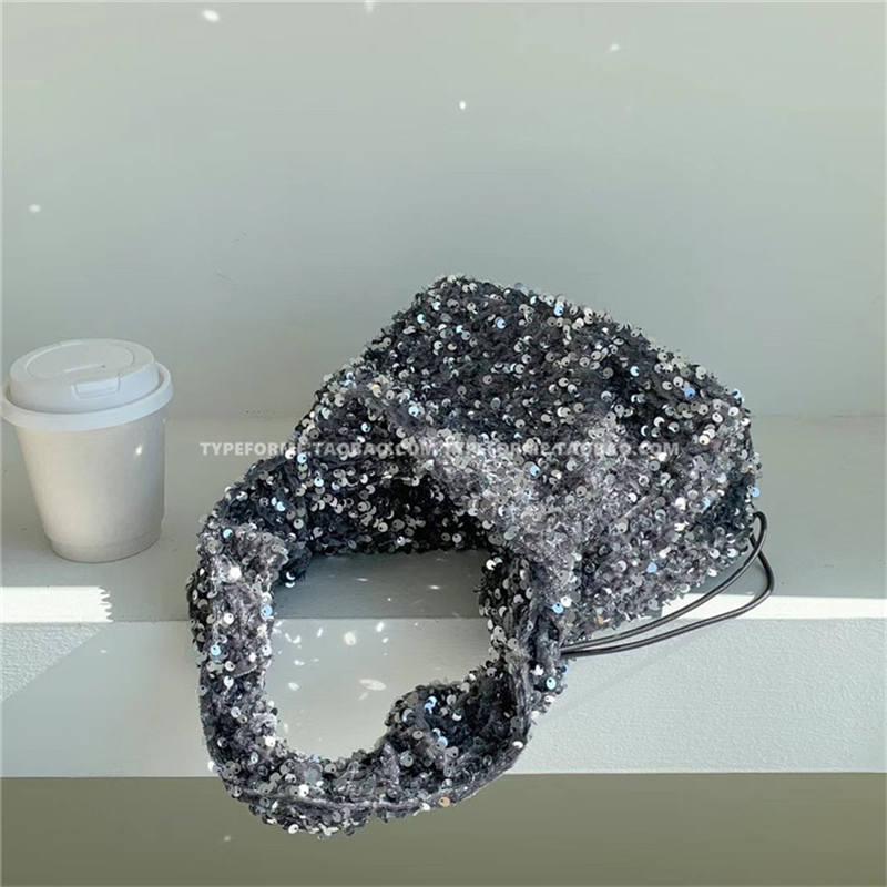 Classic Adjustable Drawstring Black Silver Sequin Triangle Handbag - Image 4