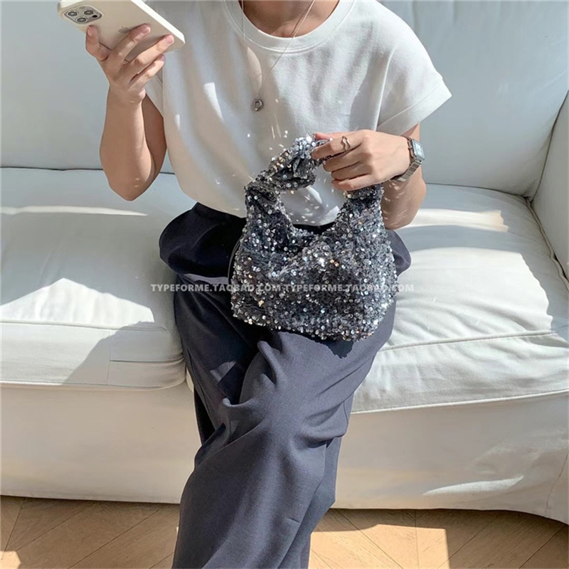 Classic Adjustable Drawstring Black Silver Sequin Triangle Handbag - Image 3