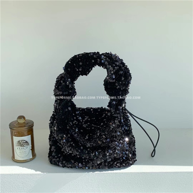Classic Adjustable Drawstring Black Silver Sequin Triangle Handbag
