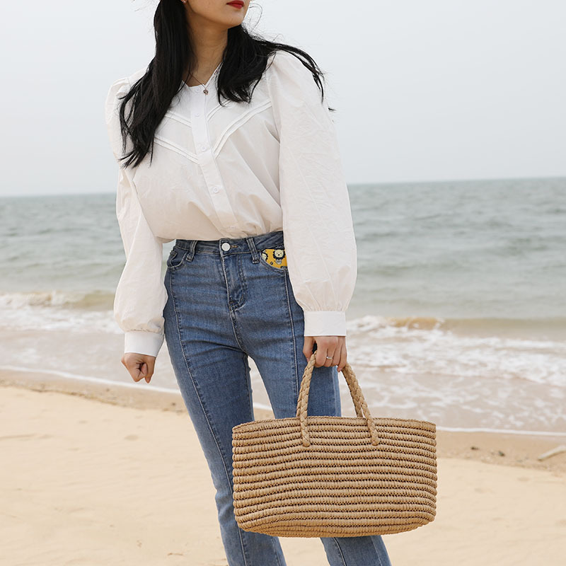 2024 New Woven Straw Bag Handmade Tote Basket Bag Large Capacity Beach Bag - Image 4