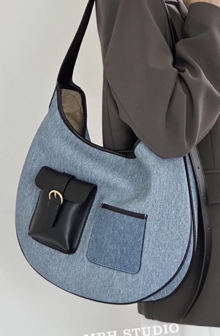 MBH Designer Denim and Leather Large Saddle Shoulder Bag