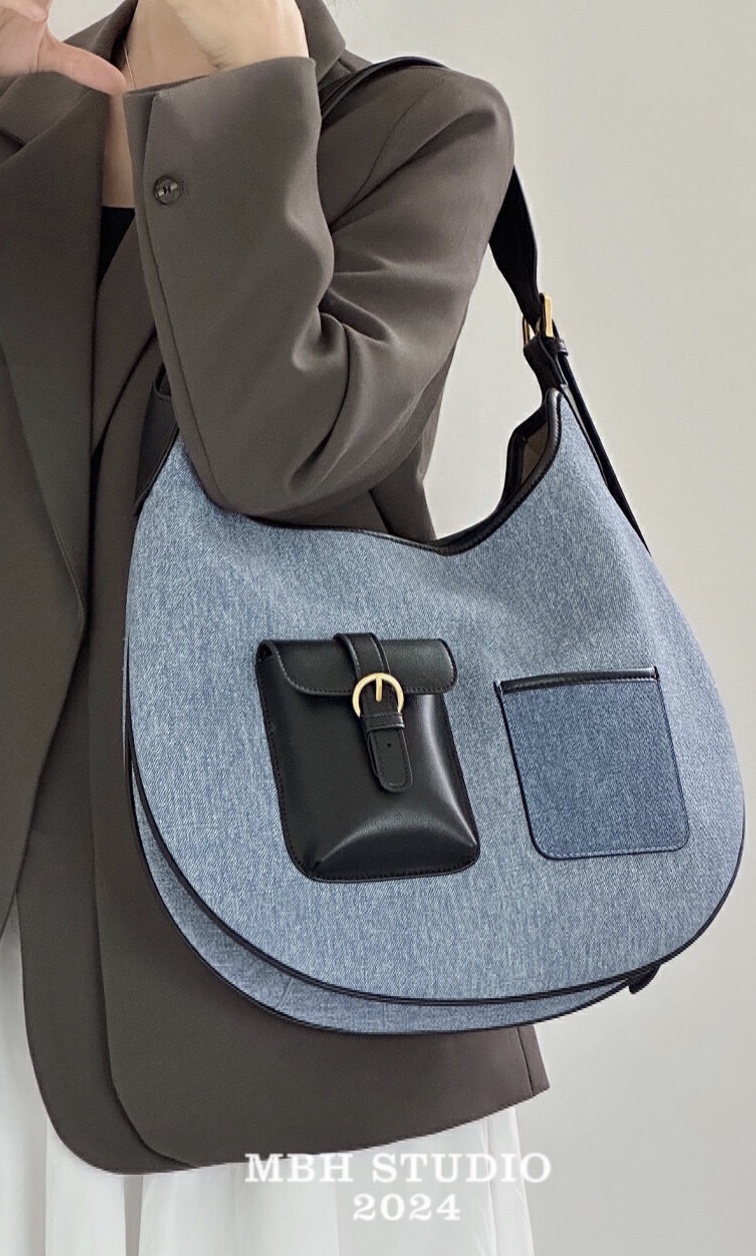 MBH Designer Denim and Leather Large Saddle Shoulder Bag