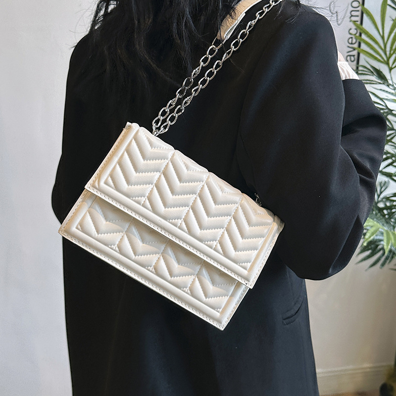 Korean Style Square Crossbody Bag with Chain Strap and Stitching