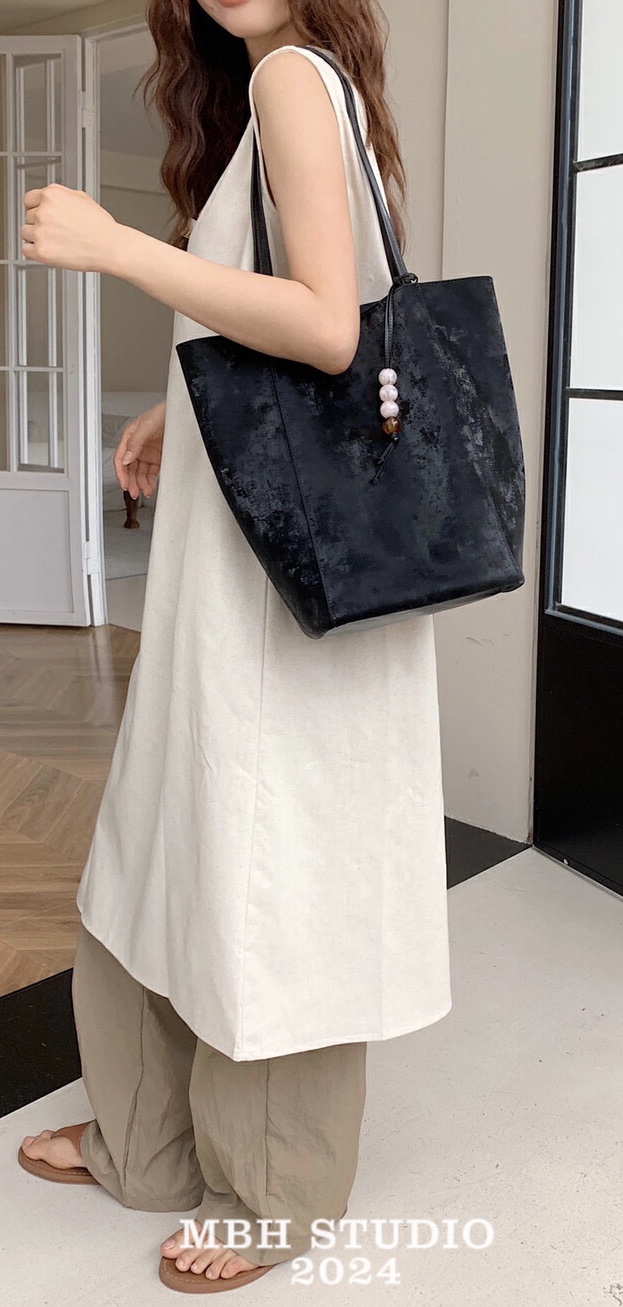 MBH New Chinese Style Satin Cowhide Large Capacity Tote Shoulder Bag with Storage Bag and Charm
