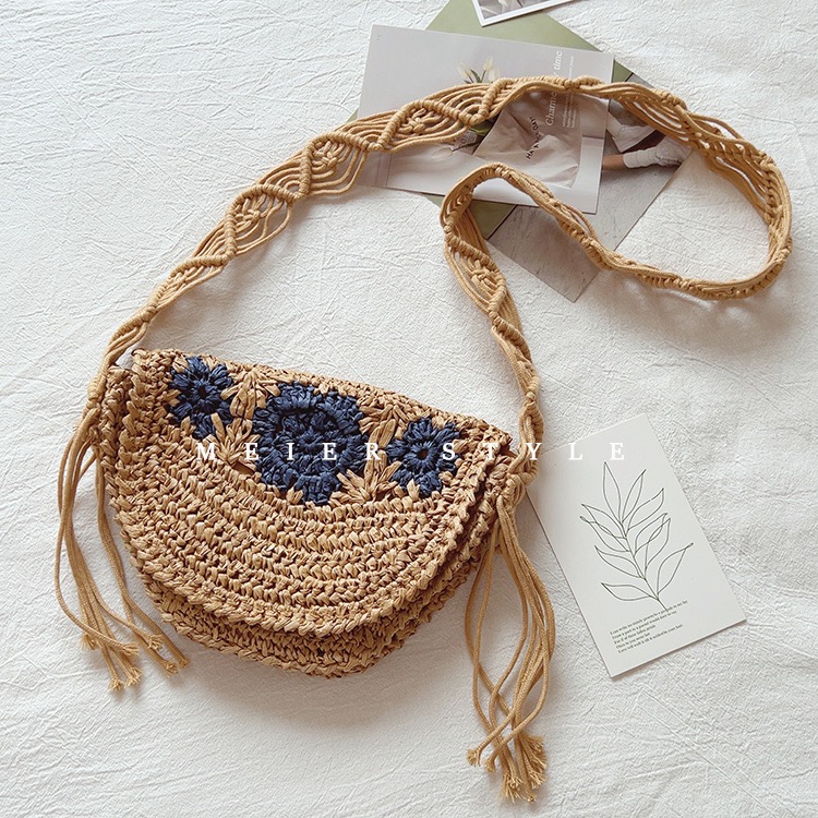 Summer Vacation Straw Woven Crossbody Saddle Bag with Embroidery